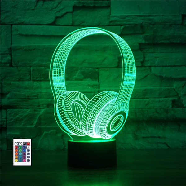 3D Trådløst Hodetelefonfjernkontroll 16 Farger Nattelysbilder Illusionsakryl LED Bord Nattbord Lampe Barn Soverom Skrivebord Dekor Bursdagsgaver Leke