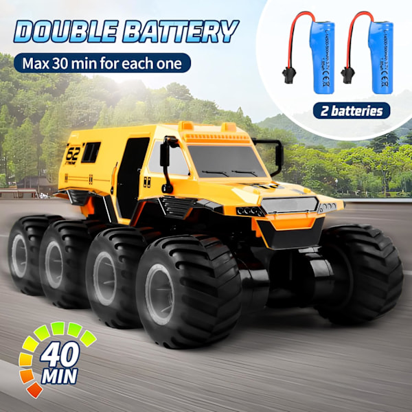 Kauko-ohjattava auto, 1:12 mittakaavan RC-maastoauto 8 pyörää 2,4 GHz RC-maasturi pojalle, maastoajoon sopiva vedenpitävä sähköleluauto 2 ladattavalla akulla
