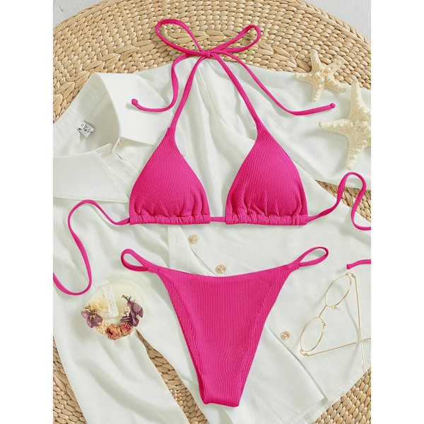 WJSM Dam Halter Tie Side Triangle Bikini Set Hög Skuren 2 Delad Bikini Baddräkt Hot Pink Solid XL