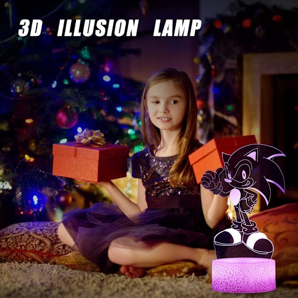 3D Sonic Anime Nattlampe - LED Illusionslampe med 2 Mønstre og 16 Fargeendringer, Dekorativ Bordlampe med Fjernkontroll, Kreativ Bursdags- og Julegave