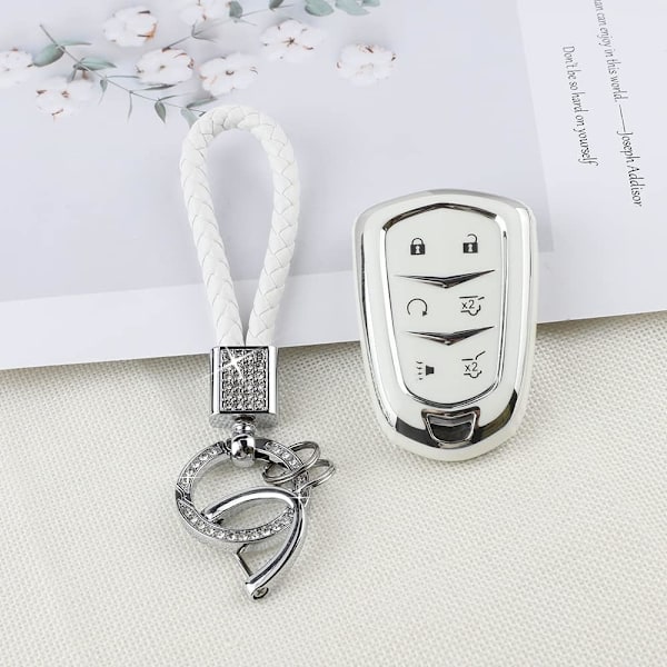 Escalade nøkkelringdeksel for Cadillac 6 knappers Smart Keys Case Proector Tilbehør TPU Myk Bling Nøkkelring Hvit Sølv Jentete Søt for Cadillac