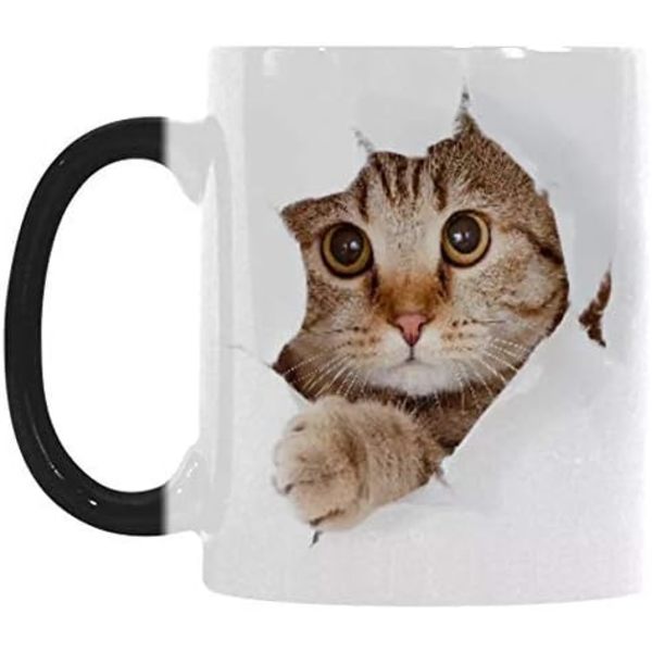 Värmefärgskiftande mugg, WmanCok 11 oz magisk keramisk kopp för kaffe te mjölk, kattbild avslöjas när varm vätska tillsätts