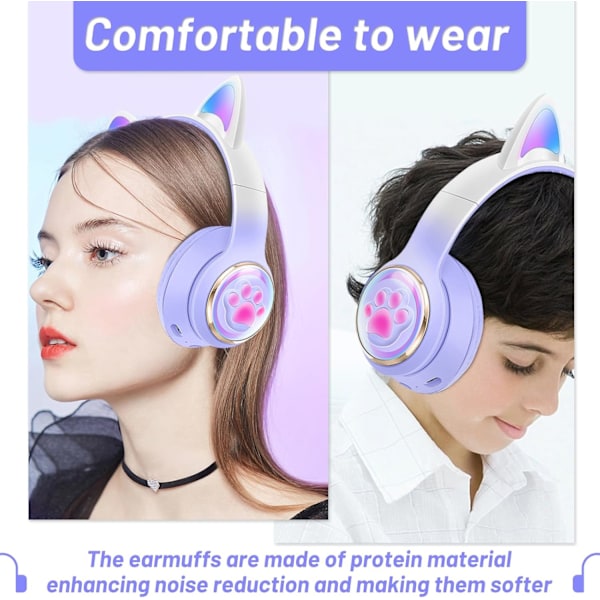 Bluetooth-hodetelefoner for barn, søte ørekatteøre LED-lys opp Foldable hodetelefoner Stereo Over Ear med mikrofon/TF-kort Trådløse hodetelefoner for Smart Soft Purple