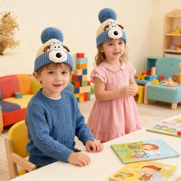 Varme, strikkede, bønneformede vinterhatte til børn - Søde plys unisex-hatte, bløde skull-hatte, til drenge og piger