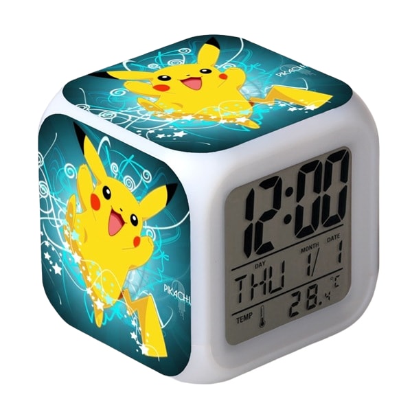 Wekity Pikachu Färgrik Väckarklocka LED Kvadratisk Klocka Digital Väckarklocka med Tid, Temperatur, Alarm, Datum