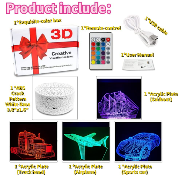 3D Bil Nattelys, 16 Fargeendringer, Justerbar Fjernkontroll/Smart Berøring, 4 stk 3D Hologram Illusionslampe, Sportsbil USB-lys (Reiseverktøy)