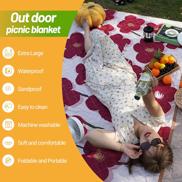 Extra Stor Picknickfilt 200 x 200 cm, Vikbar Tvättbar Vattentät Sandtät Mjuk Söt Picknickfiltar Utomhus Picknickmattor för Camping