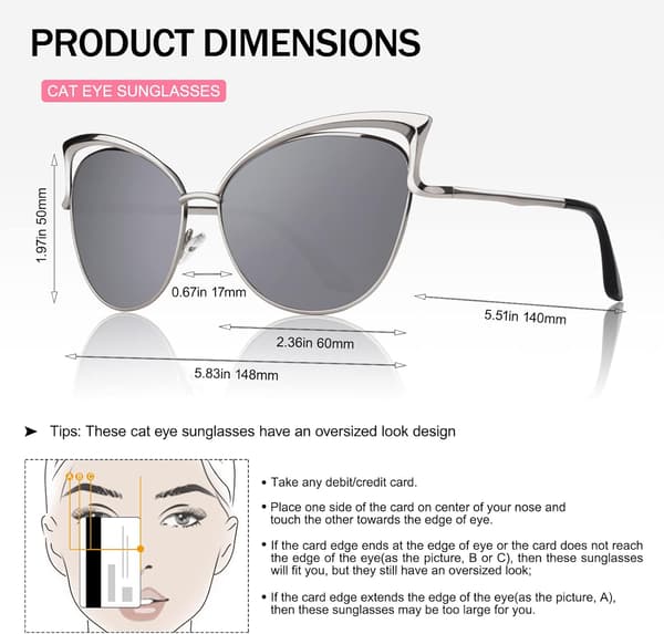 Trendiga Oversized Solglasögon för Kvinnor Polariserad Cat Eye Söt UV400 Skydd Silver Model B