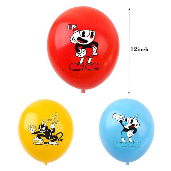 Cuphead 60 kpl ilmapalloa 12 tuuman teemalla lateksipalloa, juhlakoristeluun, syntymäpäiväjuhlien tarvikkeisiin tai kaarikoristeluun (punainen+sininen+keltainen)