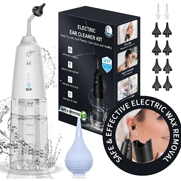 Öronvaxavlägsnande, Elektrisk Öronbevattningssats med DIY-tryck, Säkert och Effektivt Öronrengöringssats Öronvaxavlägsnande Kit för Vuxna Människor med Glödlampa, White