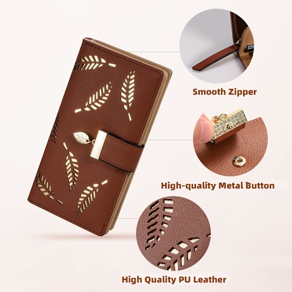 Lång Blad Damplånbok Bifold Läder Korthållare Plånbok Dragkedja Spänne Elegant Clutch Handväska för Kvinnor - Brun Brown