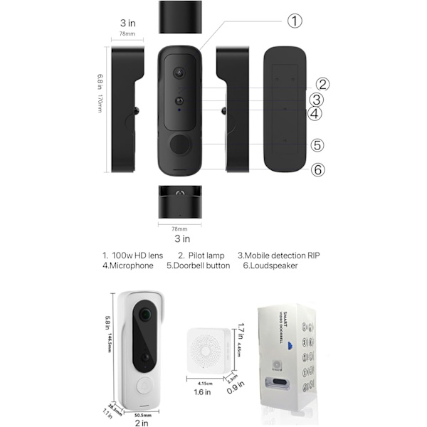 Videodørklokke, Bevægelsesdetektering (Hvid IP65 vandtæt+humanoid detektion+stor kapacitet litiumbatteri+video intercom+aktiv vækning+1080)
