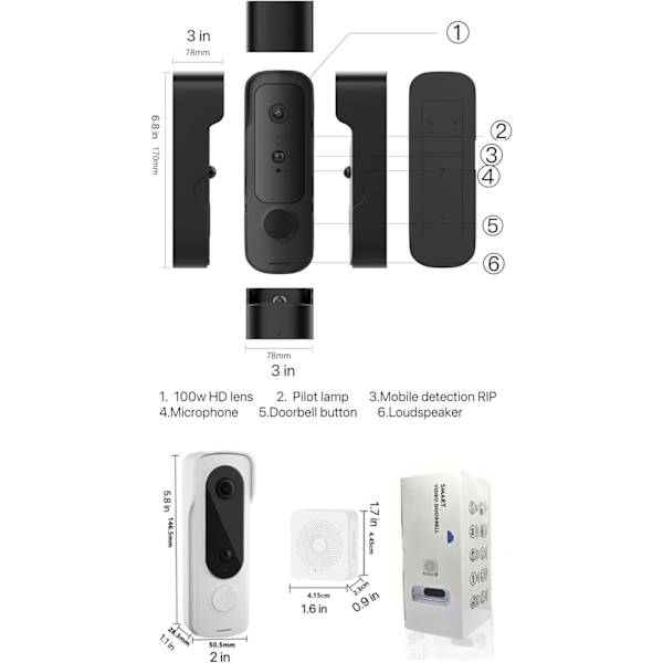 Videodørklokke, bevegelsesdeteksjon (hvit IP65 vanntett + humanoid deteksjon + stor kapasitet litiumbatteri + videosamtale + aktiv vekker + 1080)