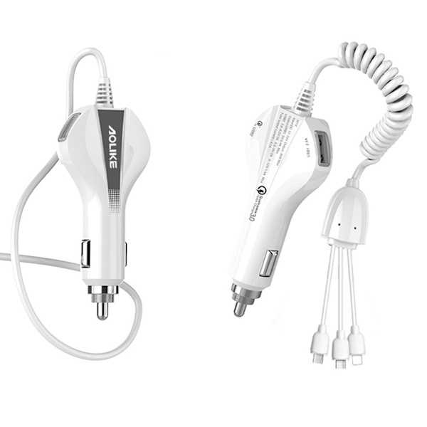 Bil mobiltelefonladdare dubbla USB snabbladdning bärbar en för tre med kabel (vit grå)