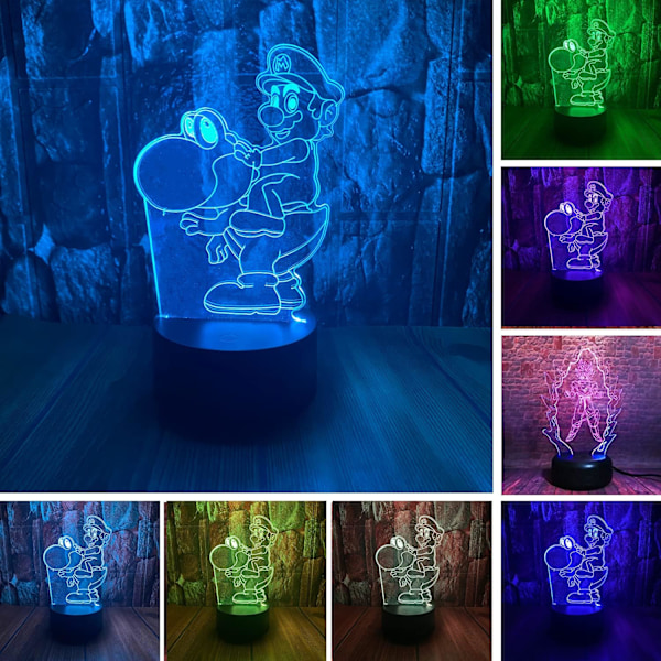 Anime Tegneserie Spil Actionfigur Super Mario Rider Yoshi 3D LED Optisk Illusion Soveværelse Dekoration Bordlampe med Fjernbetjening 7 Farver Akryl Søvn Nat Li
