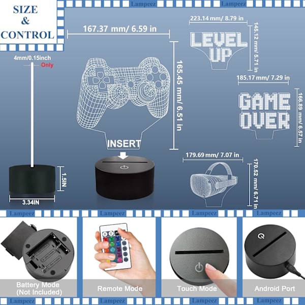 3D Spelkontrolllampa Nattlampa 3D Illusionlampa för Barn, Game Over, Level up, VR, Spelkontroll, 16 Färger som Skiftar med Fjärrkontroll, Dimbar (4 Mönster) Barnsäng