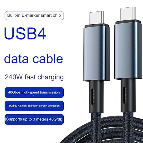 USB 4-kabel, Thunderbolt 4-kabel, USB-C til USB C-kabel 1 meter, 8K@60Hz-skjerm/40 Gbps dataoverføring/240 W PD-lading