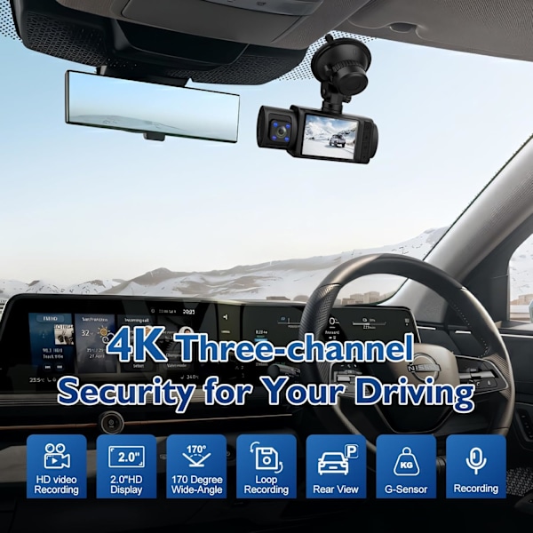 Dash Cam, 3-kanals Dash Cam, 4K+1080P Dash Cam foran og indvendig, Triple Dash Cam til bil, Dash-kamera med 32 GB-kort, 2160P Full UHD, G-sensor, 170°