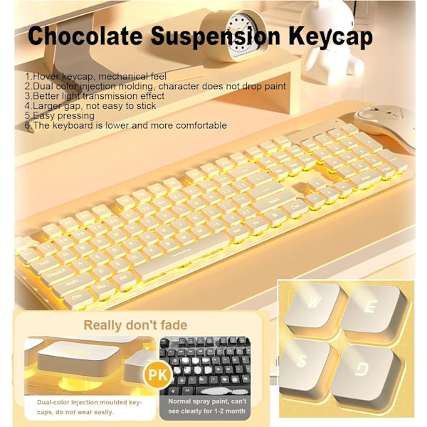 Bakgrundsbelyst Trådlöst Tangentbord och Mus, Tyst Inmatning, Sömnläge, 2.4G Laddningsbart Datortangentbord och Optisk Musuppsättning för Laptop PC Milky+warm light