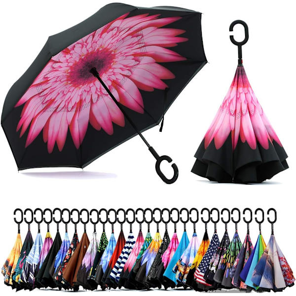 49 tommers omvendt paraply med dobbel baldakin, ekstra stor vindtett og vanntett paraply med C-formet håndtak. Pink Daisies 49 Inch