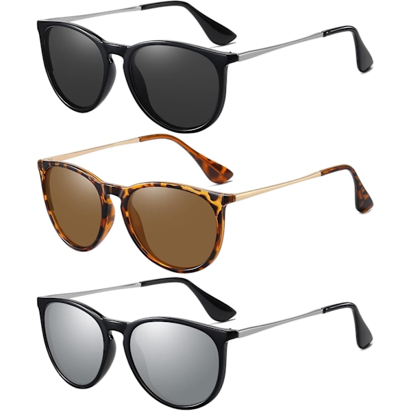 Solbriller til kvinder og mænd - Vintage polariserede retro solbriller til kvinder - Runde klassiske solbriller med UV-beskyttelse Black&Leopard & Grey