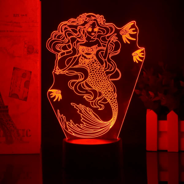 Anime Havfrue Figur 7/16 Farve Fjernbetjening Berøringskontakt Natlys 3D Illusion Lampe til Soveværelses Dekoration USB Lys Julegave (Sort Base)