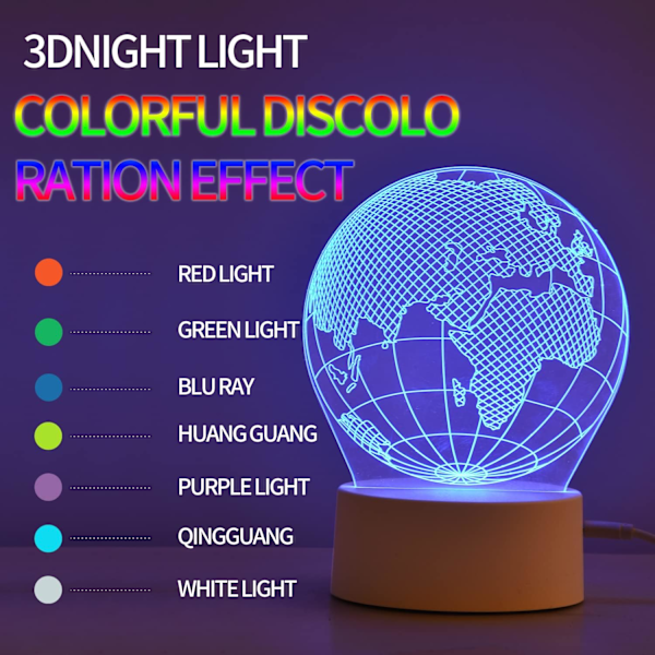 3D Jordklot Amerika Globus Optisk Illusion Nattlampa 7 Färgbytande Touch-brytare USB-driven LED Sovrumsdekoration Skrivbordslampa för Semester B