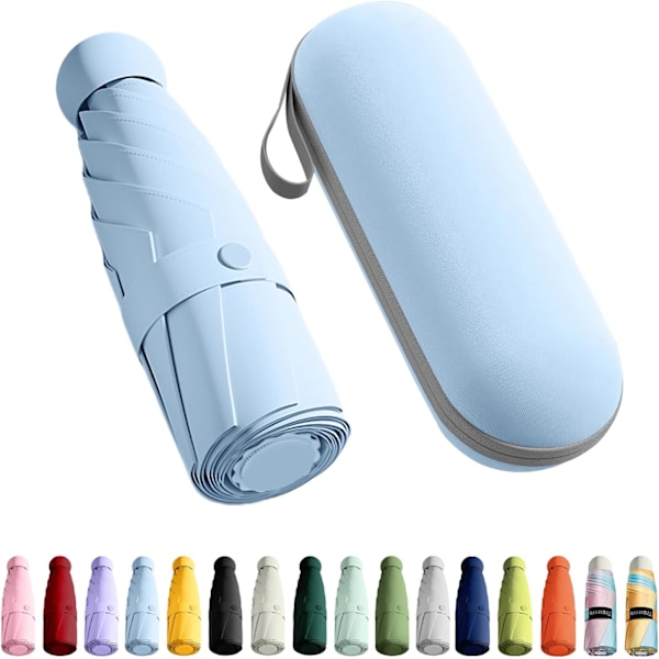 Reiseparaply - Mini sammenleggbar kompakt paraply med etui, 8 ribber lett bærbar paraply, liten sol- og regnparaply for jenter og kvinner Blue