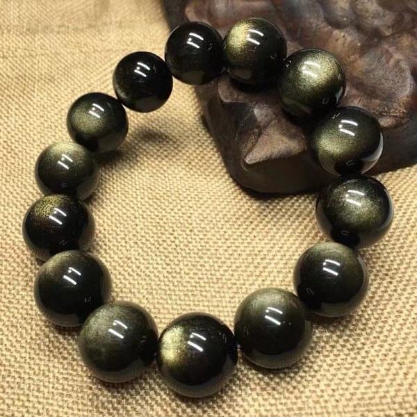 Tibetansk Mala-pärla Guld Obsidian Buddhistisk Buddha Bönpärlor Armband, Stretch String, Unisex (12MM)