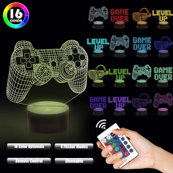 3D Spelkontrolllampa Nattlampa 3D Illusionlampa för Barn, Game Over, Level up, VR, Spelkontroll, 16 Färger som Skiftar med Fjärrkontroll, Dimbar (4 Mönster) Barnsäng