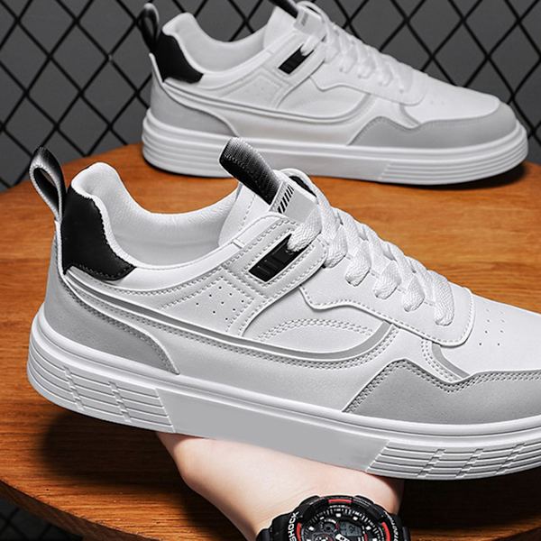 Herr Casual Skor Syntetiskt Läder Sport Flat Skor Andas Våren Sneakers för Utomhus 8866 White Grey 42
