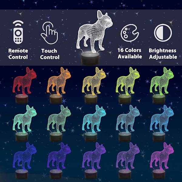 3D Fransk Bulldog Nattlampa, 16 Färger Växlande Optisk Illusionlampa med Fjärrkontroll Födelsedag Jul Alla Hjärtans Dag Present Idé för Småbarn Pojkar Flickor