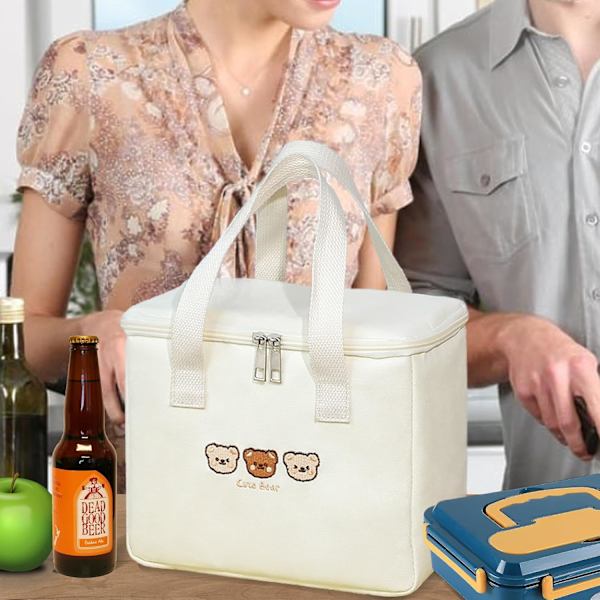 Stor återanvändbar lunchväska för kvinnor, bestick medföljer söt liten bestickuppsättning menyväska fungerar vattentät och isolerad lunchlåda tote väskor, Ou Beige Bucket