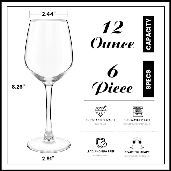12oz vinglas set om 6, kristallvita vinglas, rödvinsglas set, vinglas med lång stjälk, vitt för fest, bröllop och hem. White