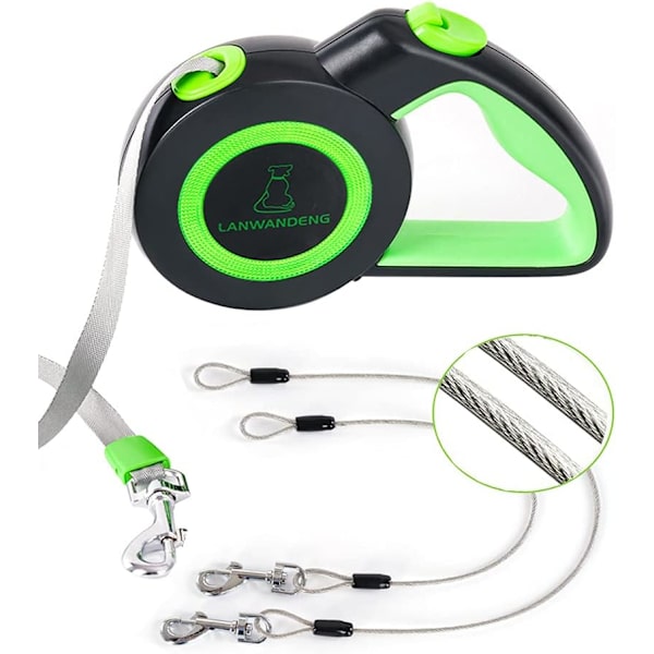Bidsikre trækbar hundeline med 2 kraftige tyggefaste stålwirer, 16FT liner 360° knudrefri til 2 hunde, dobbelt hundeline til små/mellemstore/ Green M Medium