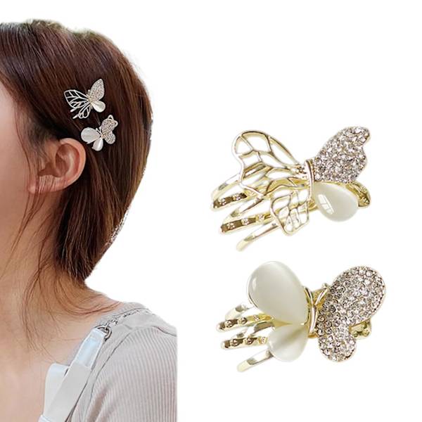 Elegant og Stilfuld Ekstravagant Butterfly Lille Hårklemme Clips Barrettes, Lavet af Opal, Rhinesten og Legering, Specielt Designet til Kvinder (2 stk)