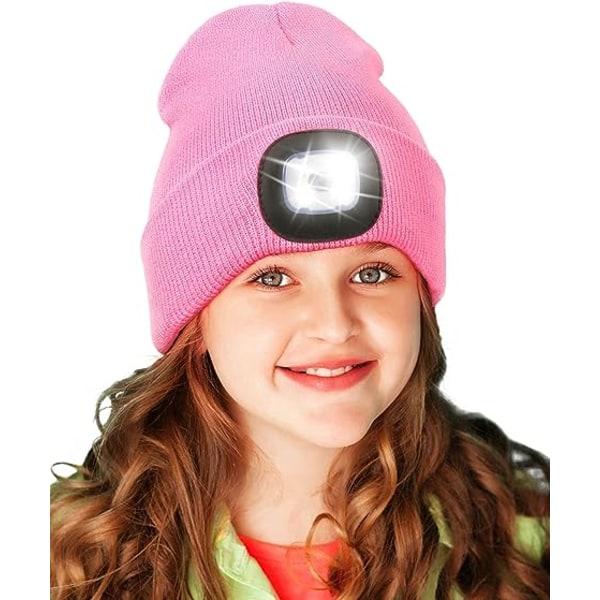 Mössa med barnljus, USB uppladdningsbar handsfree LED- cap Vinterstickad Nattlampa Hatt Ficklampa Rosa