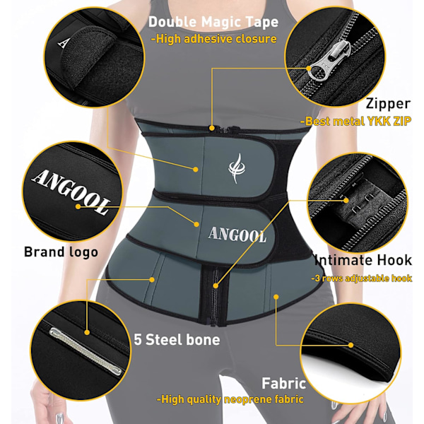 Neopren midjetränare för kvinnor, träningsplusstorlek trimmerbälte bastu svettkorsett midjeredskap med dragkedja Gray S