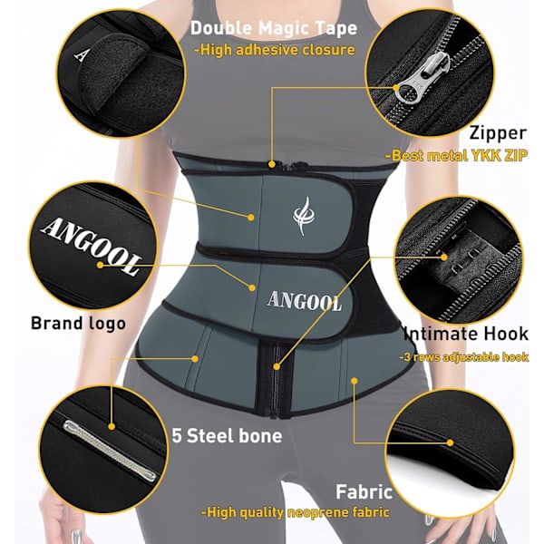 Neopren midjetränare för kvinnor, träningsplusstorlek trimmerbälte bastu svettkorsett midjeremsla med dragkedja Gray L