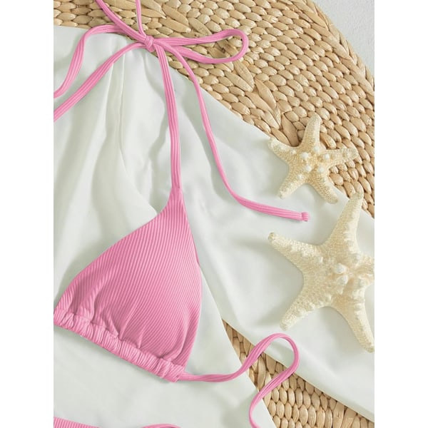 WJSM Kvinners Halterneck Tie Side Triangle Bikini Set Høy Snit 2 Delers Bikini Badetøy Pink Color XL