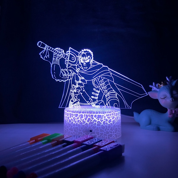 JUSTUP Anime Berserk Guts Anime 3D Illusion Natlampe Hjem Værelse Dekoration Akryl LED Lys Julegave Lamper 16 Farver med Fjernbetjening (Mønster D)