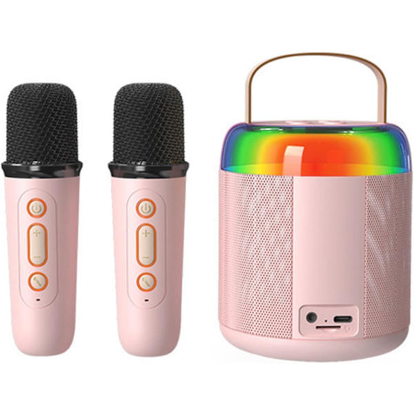 Bærbar karaoke-maskine, mini Bluetooth-stereo med 2 trådløse mikrofoner til børn og voksne