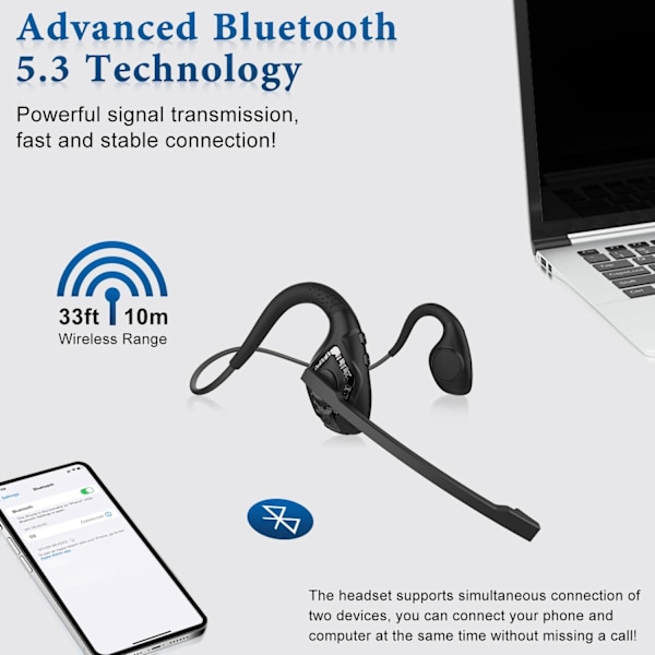 Öppna öron-hörlurar, luftlednings-Bluetooth-headset, trådlösa hörlurar stereo med brusreducerande bommikrofon, 10 timmars speltid, lätta och bekväma