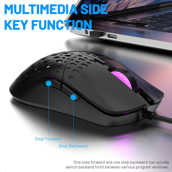 Trådbunden Spelmus, Lättvikts RGB Spelmus, 4 Justerbara DPI Upp till 3600, 6 Programmerbara Knappar, Ergonomisk Datormus för Windows/PC/Mac