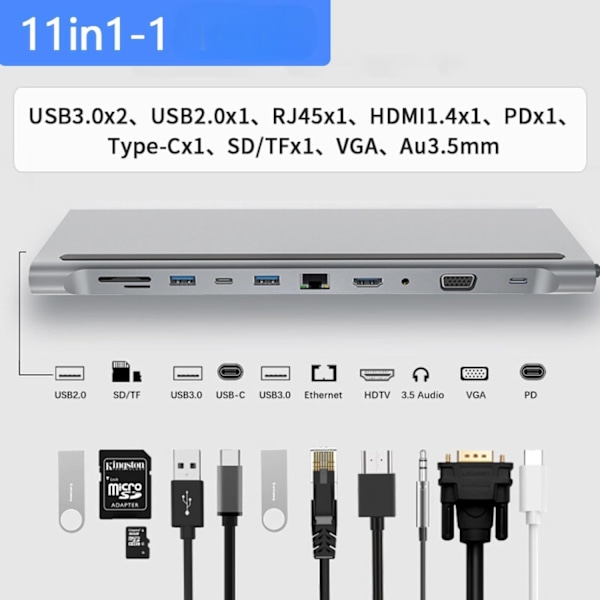 USB C Hub MultiPort Adapter, 12 i 1 Dockingstation USB C med 4K HDMI, VGA, 3×USB 2.0 & USB 3.0, PD 100W, Ethernet RJ45 Port, SD/TF-läsare
