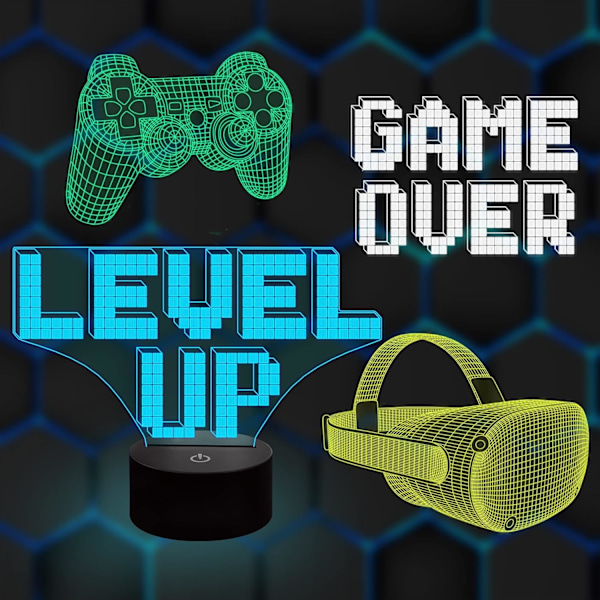 3D Spelkontrolllampa Nattlampa 3D Illusionlampa för Barn, Game Over, Level up, VR, Spelkontroll, 16 Färger som Skiftar med Fjärrkontroll, Dimbar (4 Mönster) Barnsäng