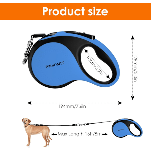 Inntrekkbar hundekobbel med tyggesikkert kabel og LED-lommelykt, 16 fot tungt hundekobbel for små mellomstore store hunder opptil 110 pund, 360° uten floker ( Blue+16ft+LED Large - 16 ft