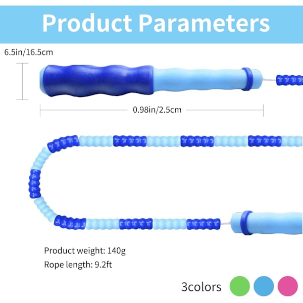 Hoppetau, justerbar lengde flokefri segmentert myk perlet hoppetau, treningshoppetau for barn, mann og kvinner vekttap 9,2 fot Pink Blue