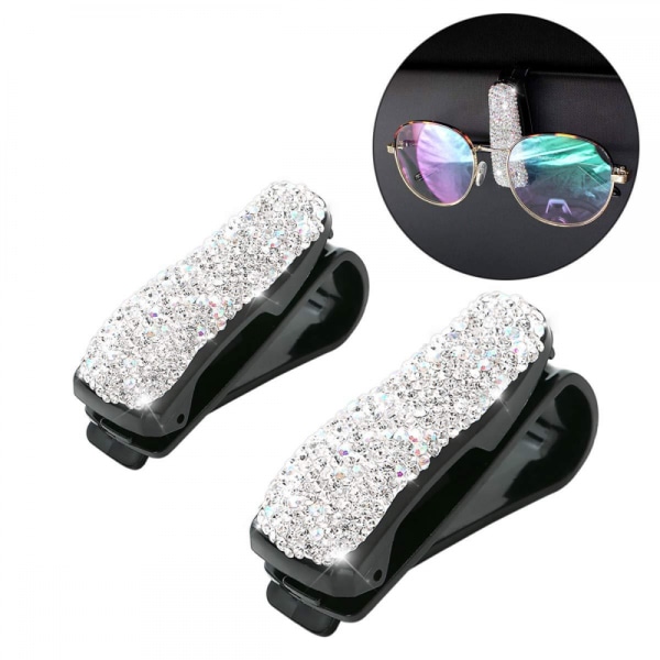 Glasses Holders for Car Sun Visor, 2 Pack Bling Crystal Rhinestones Fashion Car Eyeglasses Sunglasses Hanger Mount with Ticket Card Clip(Silver)