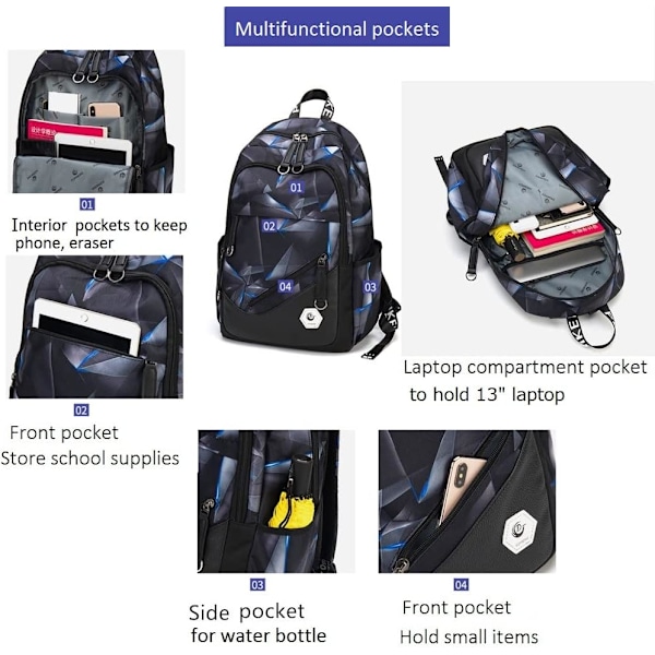 Skolryggsäck för tonårspojkar Laptop Bookbag Barn Skolväska för grundskolan Black+blue Style B-No USB Port